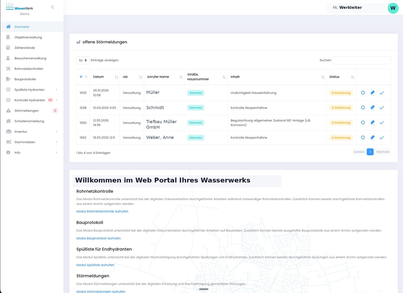 Wasserwerk360 Dashboard — offene Störmeldungen, Modulübersicht